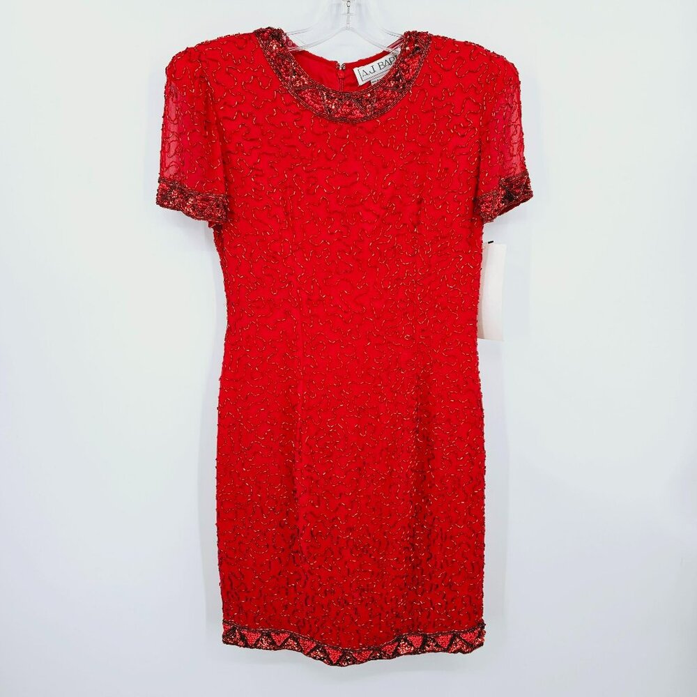 AJ Bari VTG Beaded Party Dress 8 Red New Old Stock Deadstock Retro 80s Cocktail